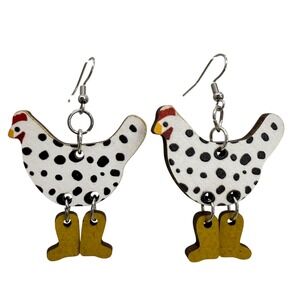 Chicken with Boots Wood Drop Earrings Spotted Hen Farmcore Novelty Jewelry